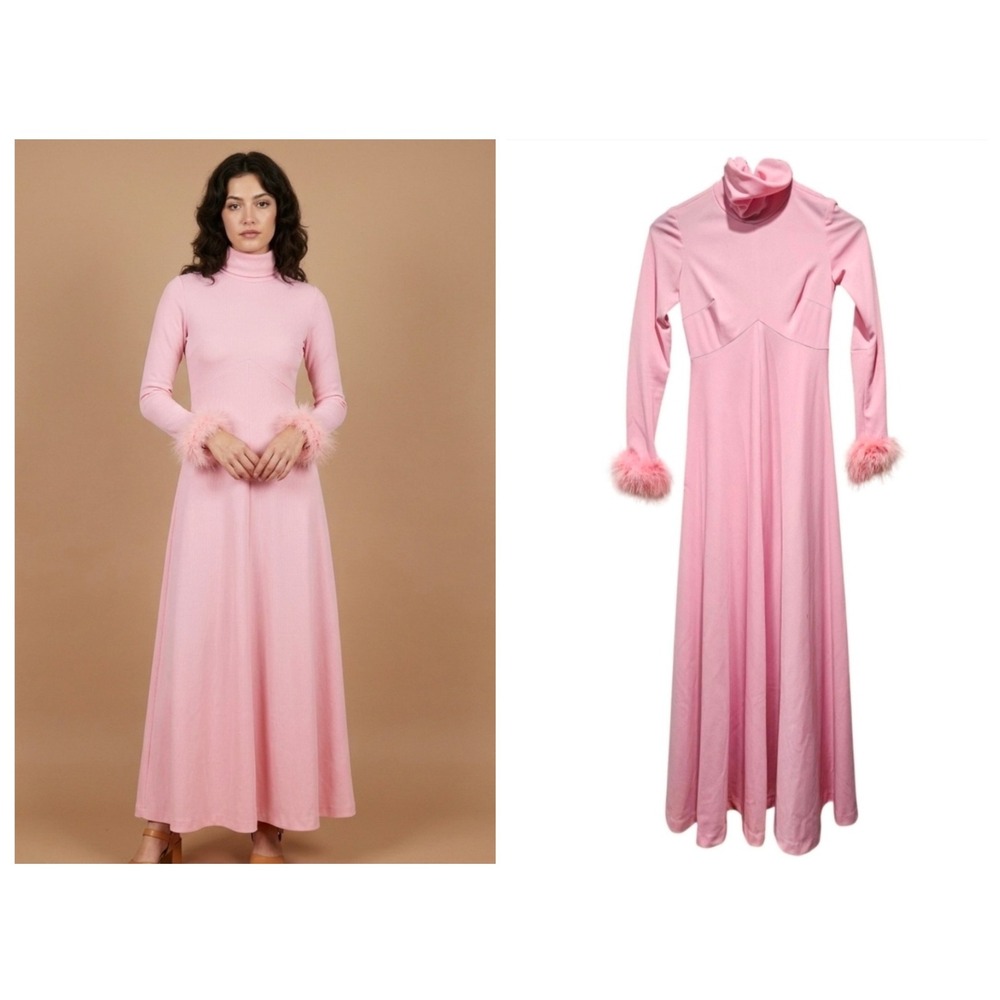 Vintage 70s Feather Cuff Turtleneck Thick Polyester Maxi Dress Womens Sz Sm Gown